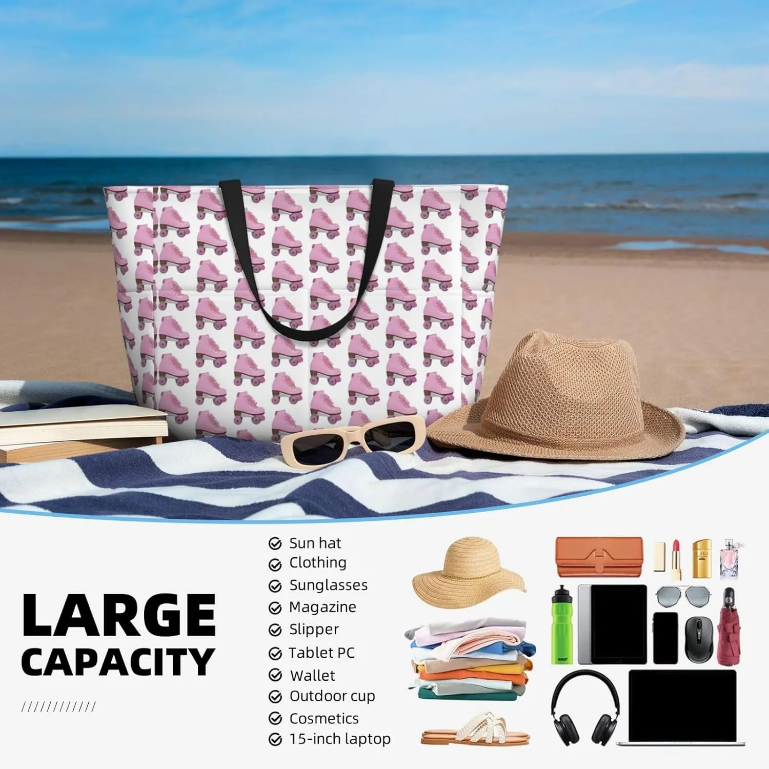 Retro Roller Skates Beach Tote Bags For Women Travel Totes Bag Handbag With Zipper And Pockets For Travel Vacation