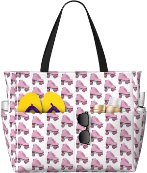 Retro Roller Skates Beach Tote Bags For Women Travel Totes Bag Handbag With Zipper And Pockets For Travel Vacation