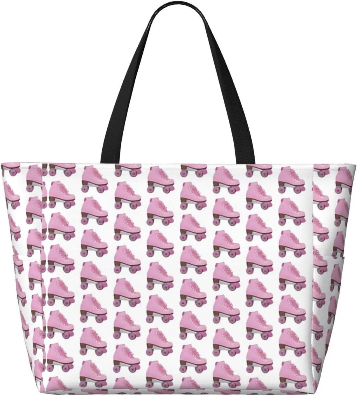 Retro Roller Skates Beach Tote Bags For Women Travel Totes Bag Handbag With Zipper And Pockets For Travel Vacation
