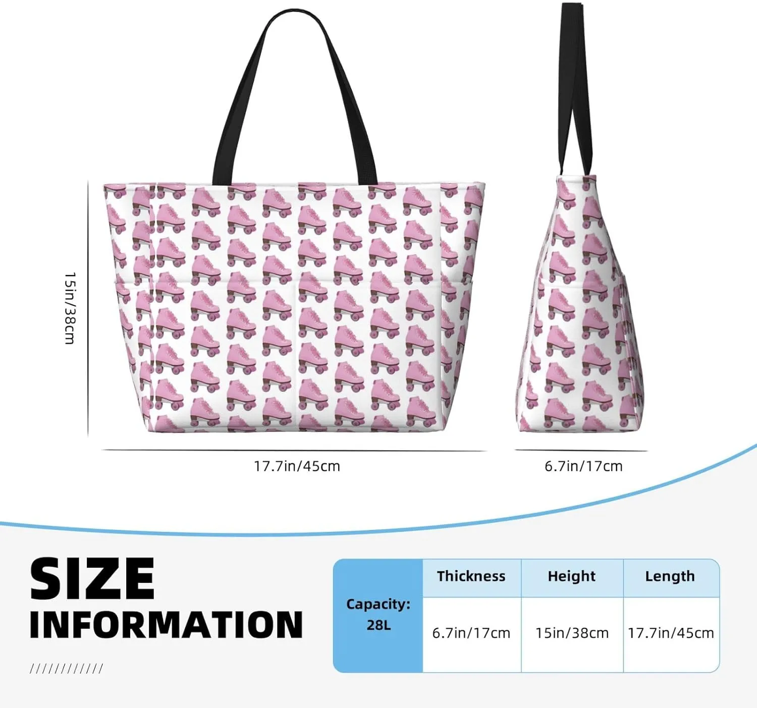 Retro Roller Skates Beach Tote Bags For Women Travel Totes Bag Handbag With Zipper And Pockets For Travel Vacation