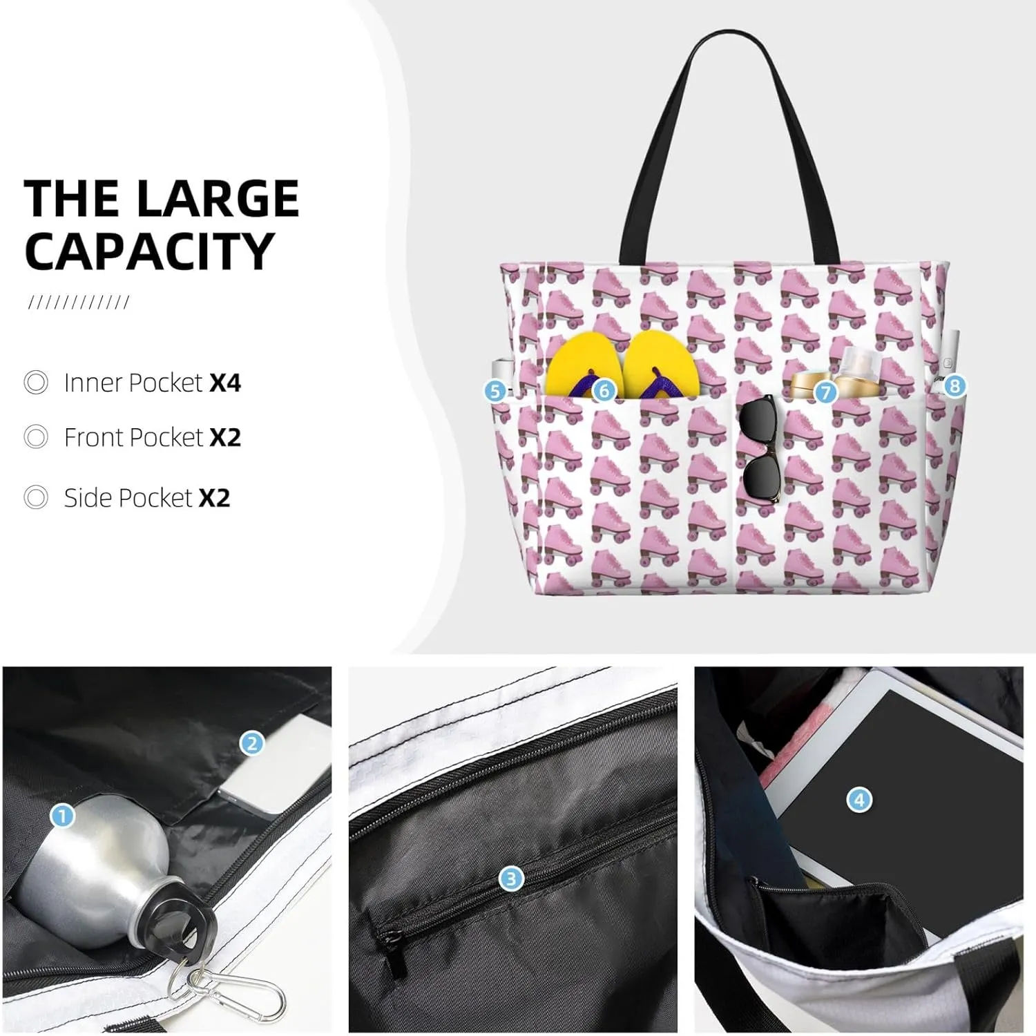 Retro Roller Skates Beach Tote Bags For Women Travel Totes Bag Handbag With Zipper And Pockets For Travel Vacation