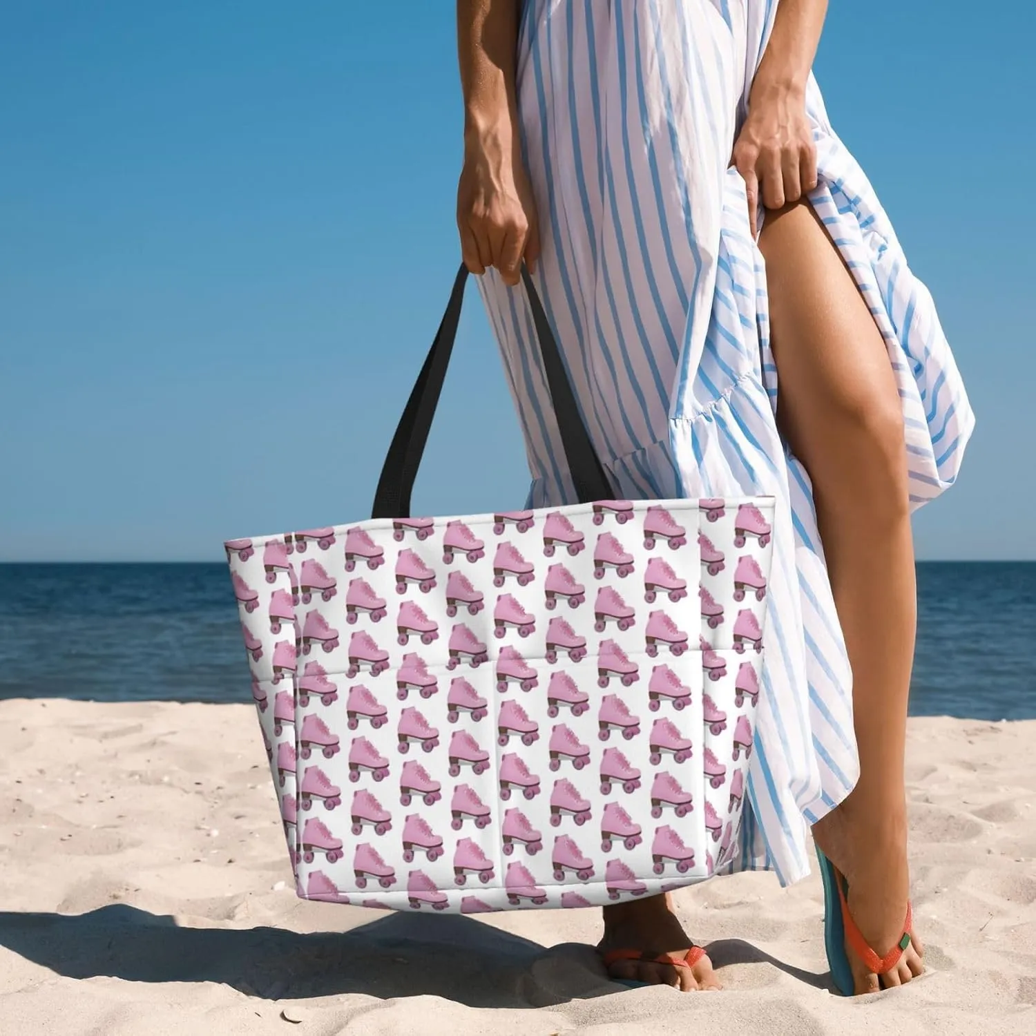 Retro Roller Skates Beach Tote Bags For Women Travel Totes Bag Handbag With Zipper And Pockets For Travel Vacation