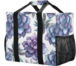 Reusable Grocery Bags with Reinforced Handles & Side Pockets, Succulent Waterproof Beach Tote Bag Large Foldable Handbags for Shopping, Travel, Gym