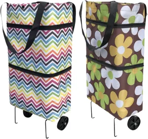 Reusable Grocery Bags with Waterproof Coating and Folding Wheels - 2 Pack Foldable Tote Bags for Shopping, Multi-Purpose Storage for Groceries(Colorful Stripes   Coffee Flowers)