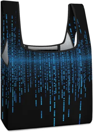Reusable Shopping Bags,Blue Binary Matrix Print Foldable Grocery Bags,Folding Gift Tote Bags,Travel Recycle Shopping Bags