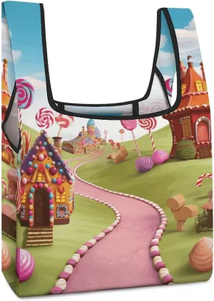 Reusable Shopping Bags,Candy Land Print Foldable Grocery Bags,Folding Gift Tote Bags,Travel Recycle Shopping Bags