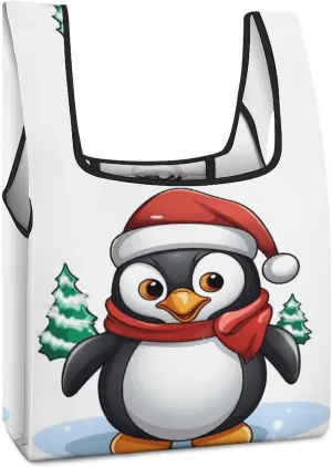 Reusable Shopping Bags,Christmas Penguin Print Foldable Grocery Bags,Folding Gift Tote Bags,Travel Recycle Shopping Bags