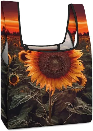 Reusable Shopping Bags,Sunset Sunflower Print Foldable Grocery Bags,Folding Gift Tote Bags,Travel Recycle Shopping Bags
