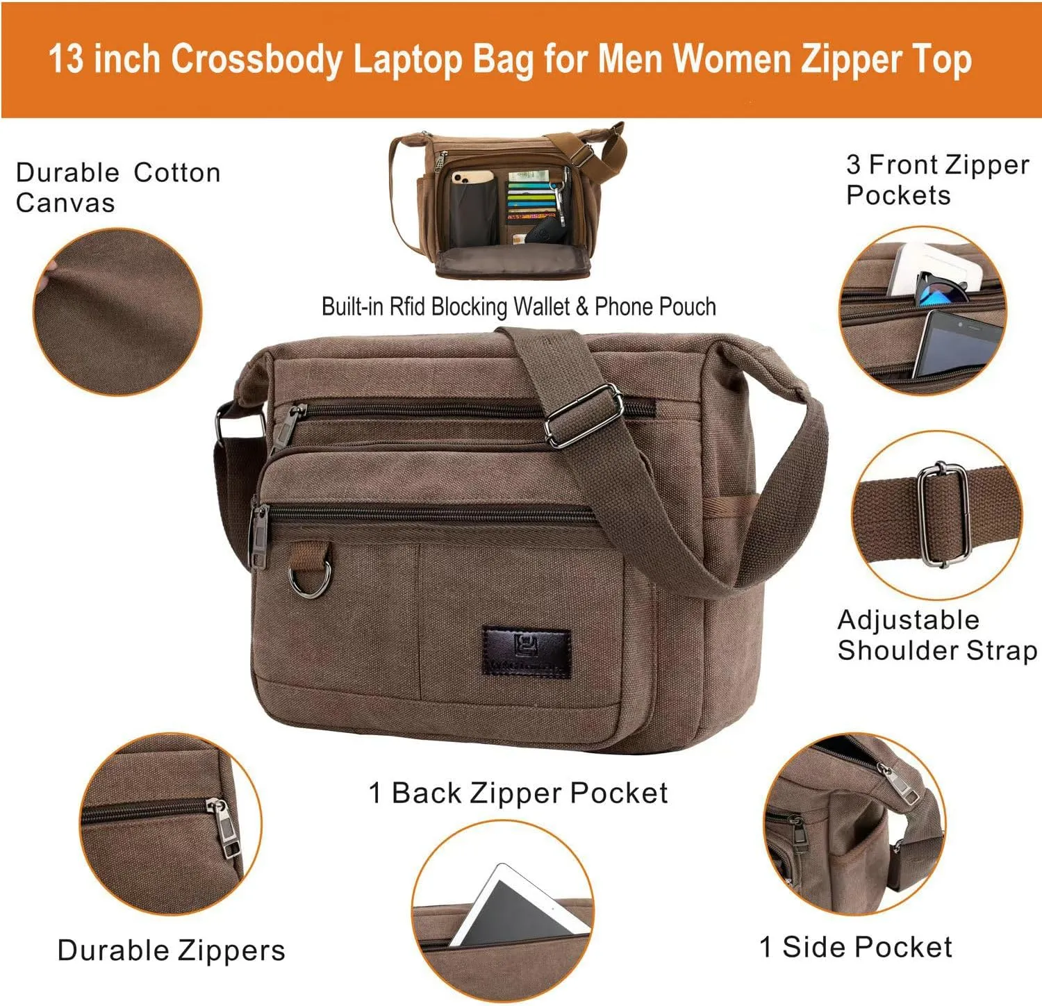 Rfid Crossbody Messenger Bag with Water Bottle Holders, 13 inch Laptop Shoulder Bag, Sling Satchel Purse w/Built-in Wallet