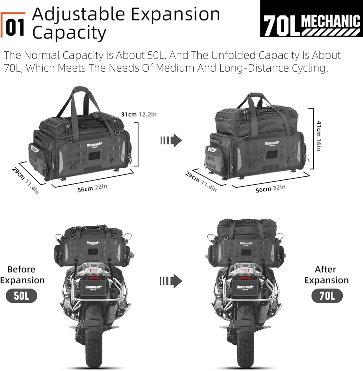 Rhinowalk Motorcycle Tail Bag Expandable Motorcycle Travel Luggage Waterproof 70L with MOLLE System Trunk Rack Bag with Sissy Bar Straps-Black