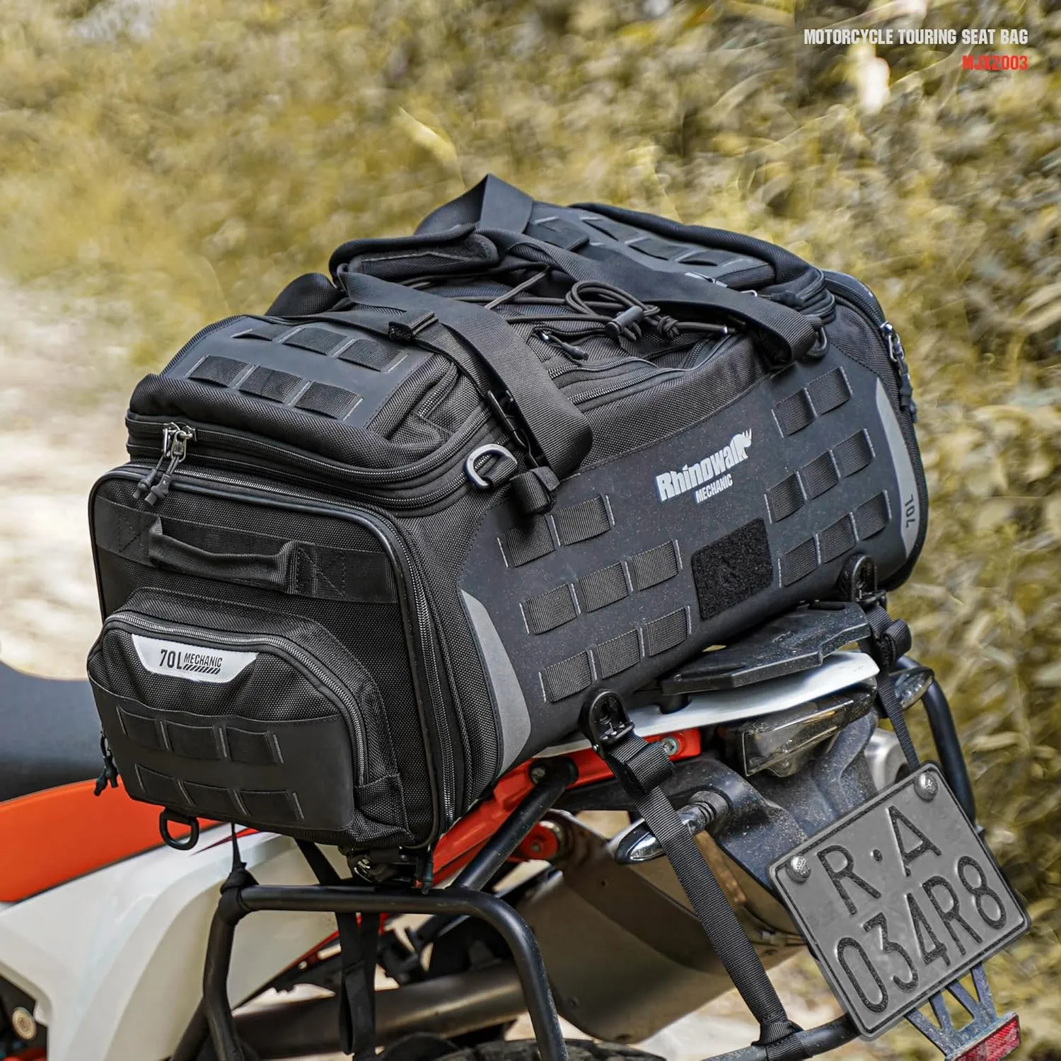 Rhinowalk Motorcycle Tail Bag Expandable Motorcycle Travel Luggage Waterproof 70L with MOLLE System Trunk Rack Bag with Sissy Bar Straps-Black