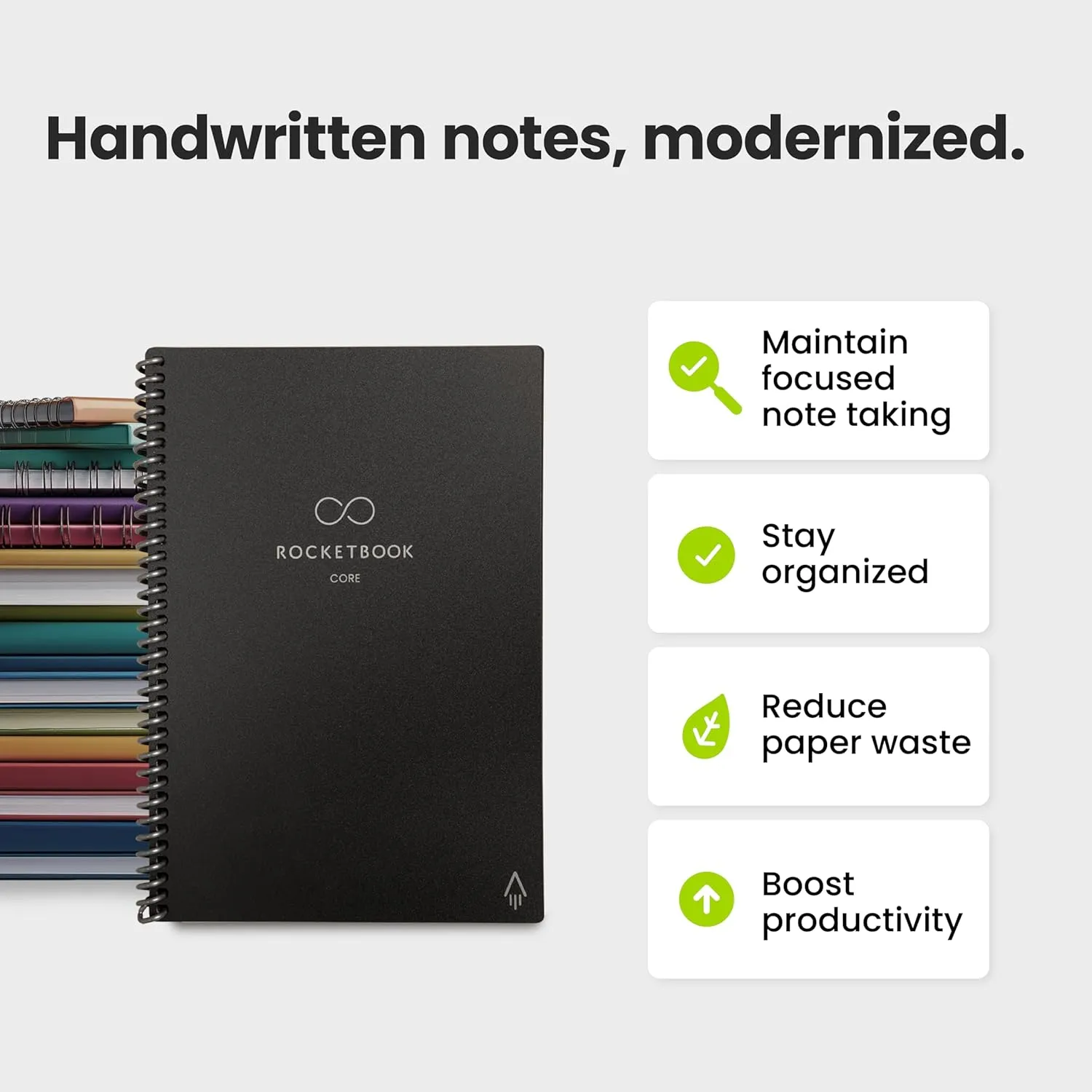 Rocketbook New Core Reusable Spiral Notebook, Letter Size 8.5x11, Black - Lined Pages, App-Connected, Erasable, Durable Cover, Ideal for School, Work, and Creative Projects