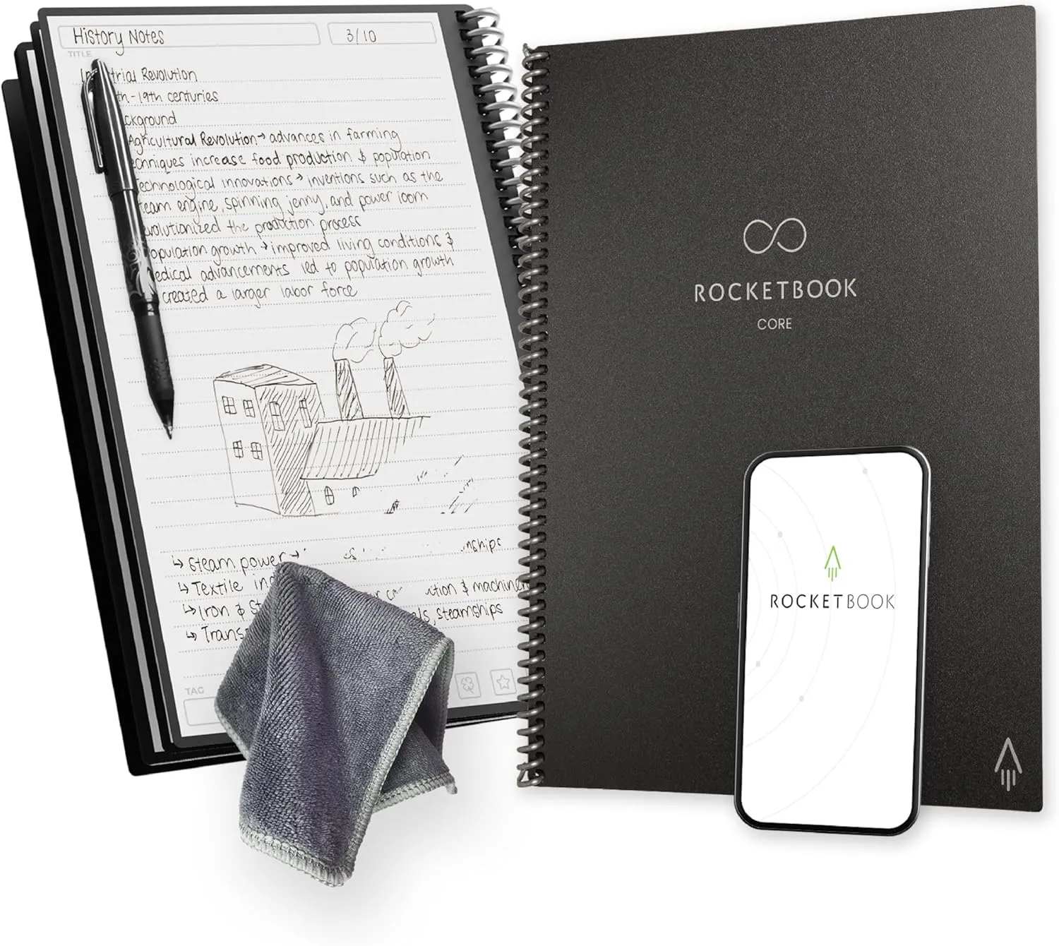 Rocketbook New Core Reusable Spiral Notebook, Letter Size 8.5x11, Black - Lined Pages, App-Connected, Erasable, Durable Cover, Ideal for School, Work, and Creative Projects
