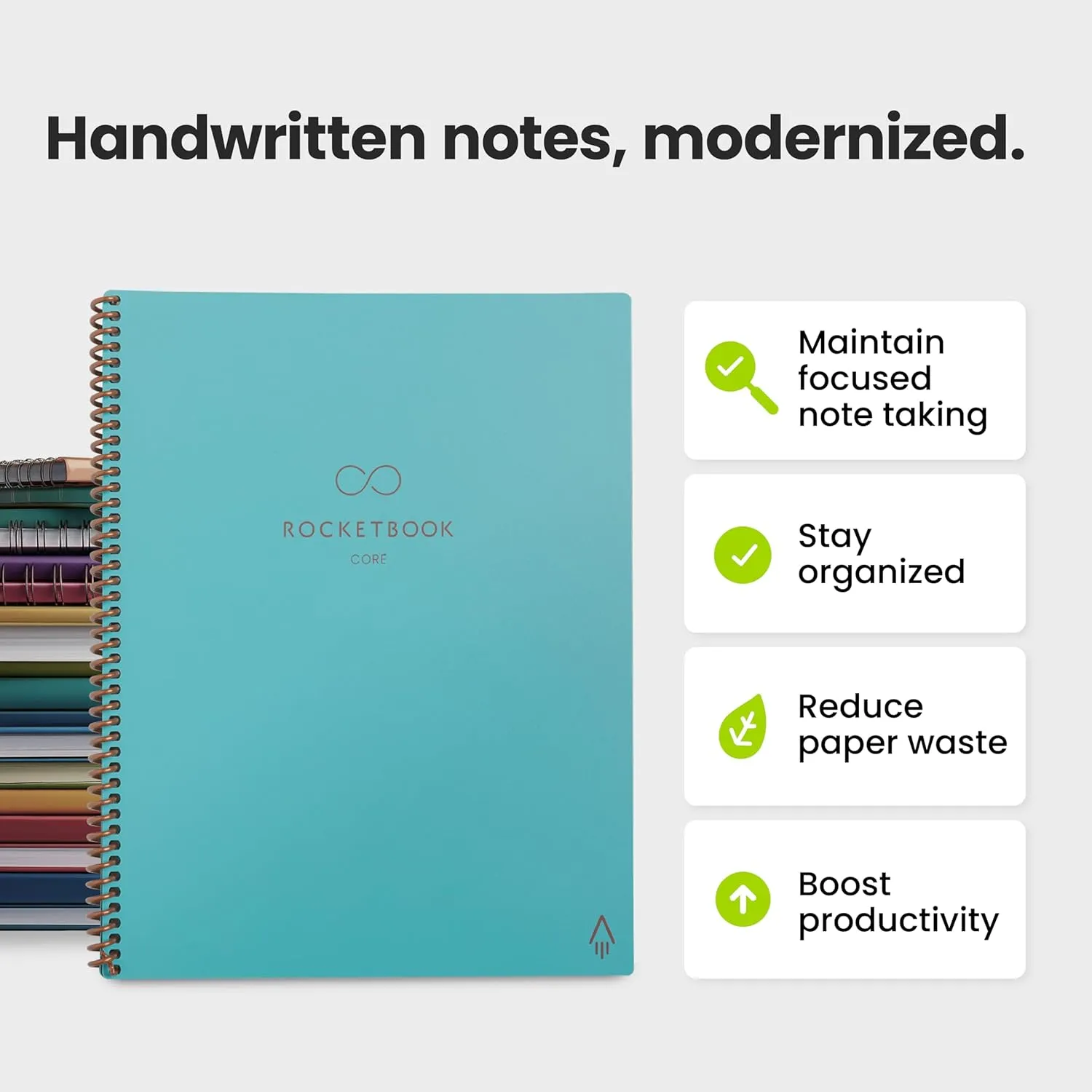 Rocketbook New Core Reusable Spiral Notebook, Letter Size 8.5x11, Teal - Lined Pages, App-Connected, Erasable, Durable Cover, Ideal for School, Work, and Creative Projects