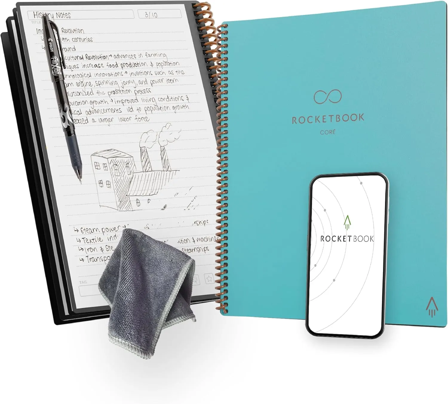 Rocketbook New Core Reusable Spiral Notebook, Letter Size 8.5x11, Teal - Lined Pages, App-Connected, Erasable, Durable Cover, Ideal for School, Work, and Creative Projects