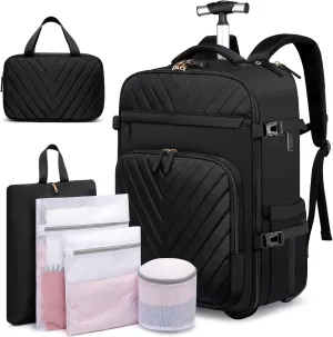 Rolling Backpack for Men, Expandable Carry On Backpack With USB Port & Lock, Laptop Backpack with Anti-theft Layer, Waterproof Business Travel Backpack with 6 Bags, Black