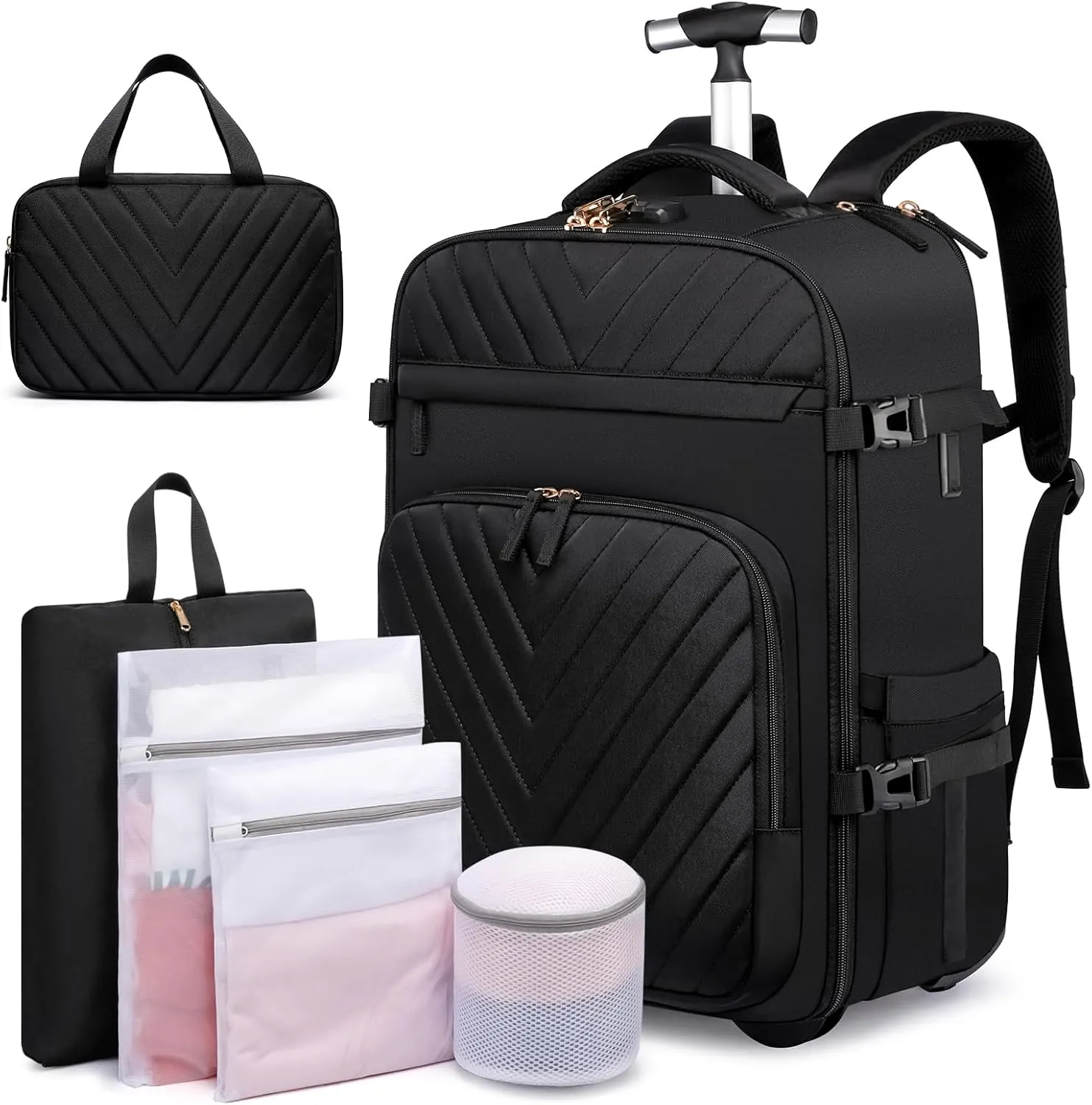 Rolling Backpack for Men, Expandable Carry On Backpack With USB Port & Lock, Laptop Backpack with Anti-theft Layer, Waterproof Business Travel Backpack with 6 Bags, Black