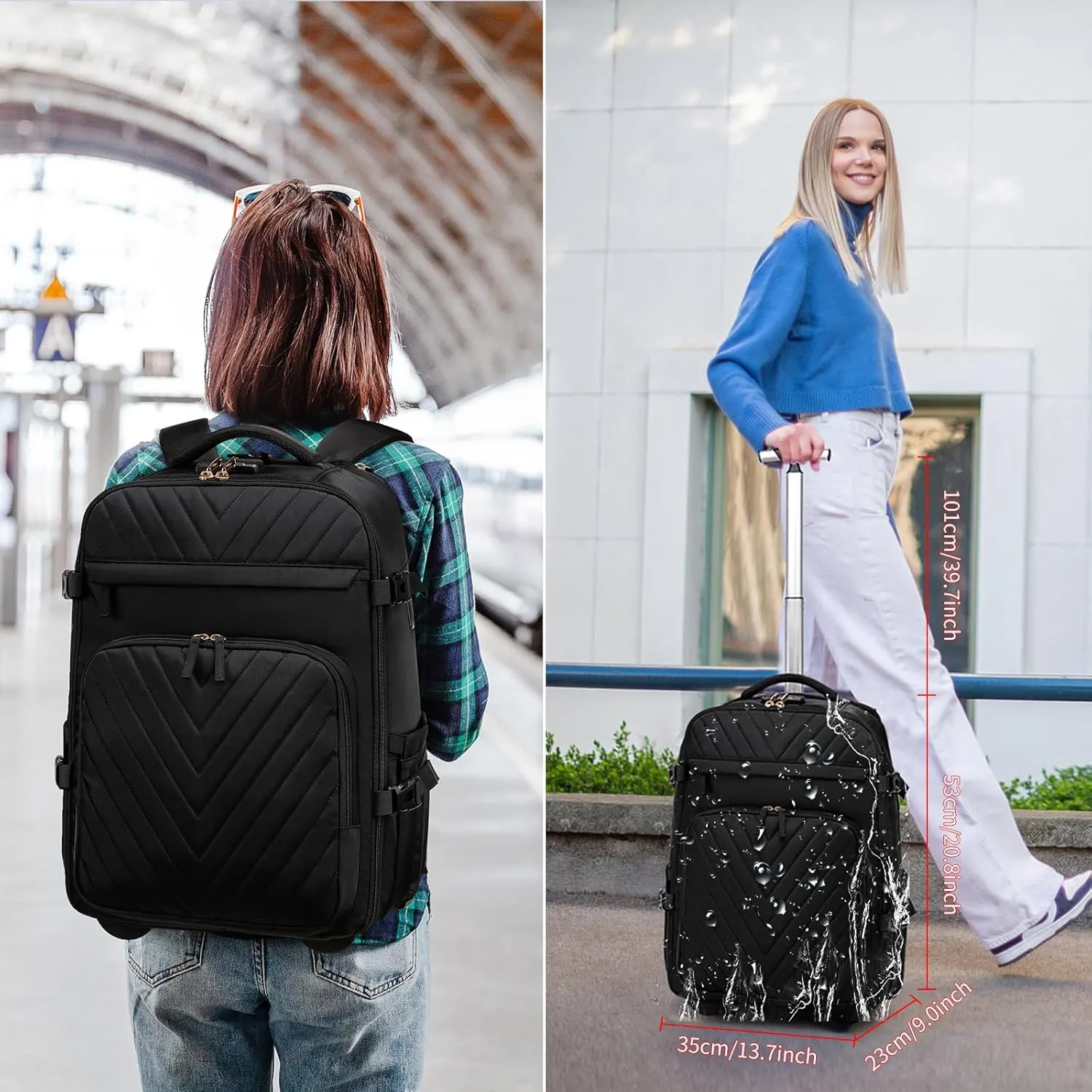 Rolling Backpack for Men, Expandable Carry On Backpack With USB Port & Lock, Laptop Backpack with Anti-theft Layer, Waterproof Business Travel Backpack with 6 Bags, Black