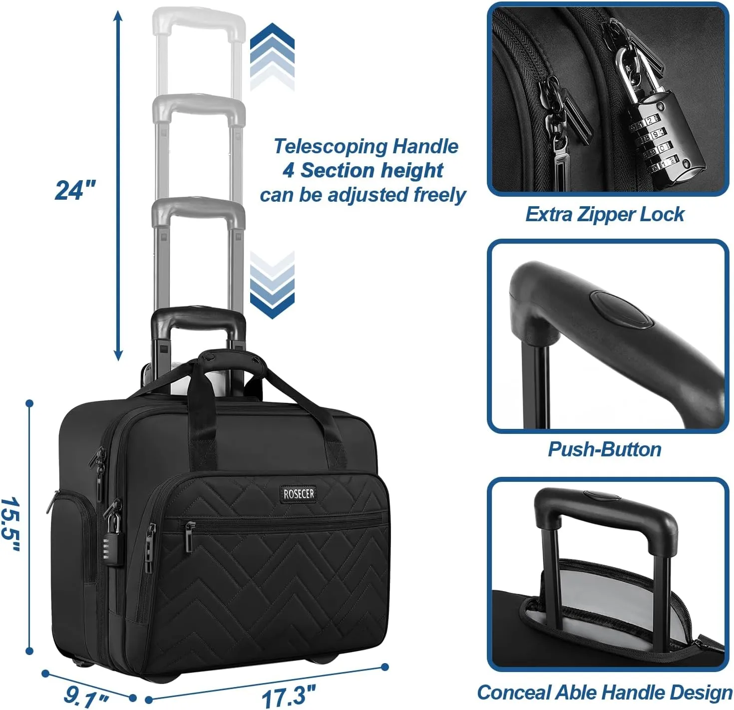 Rolling Laptop Bag, 17.3 Inch Premium Laptop Briefcases with Wheels for Men & Women, Waterproof Rolling Computer Bag Work Bag Laptop Case for Travel Work Office Business