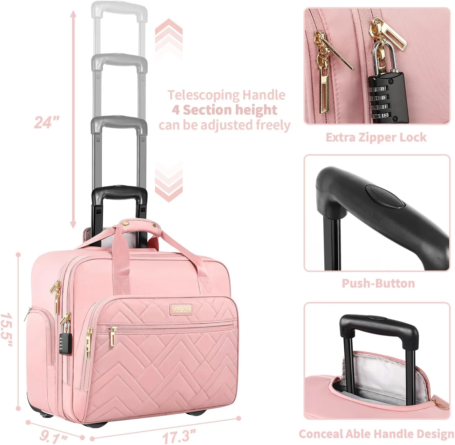Rolling Laptop Bag, 17.3 Inch Premium Laptop Briefcases with Wheels for Women, Waterproof Rolling Computer Bag Work Bag Laptop Case for Travel Work Office Business