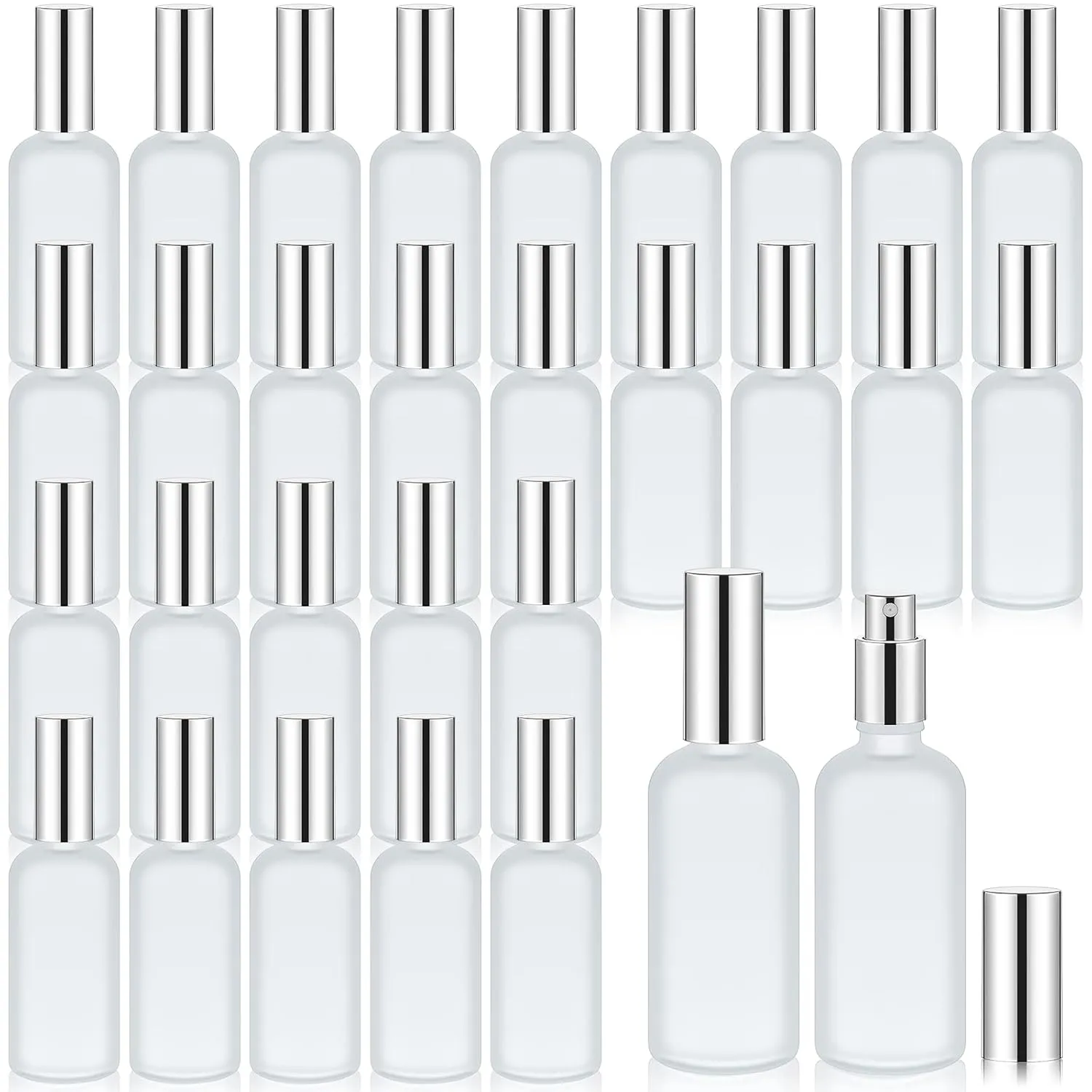 Roshtia 30 Pcs 3.4 oz Silver Glass Spray Bottle Refillable Perfume Atomizer Clear Decorative Empty Bottles with Fine Mist Sprayer Pump for Face Body Travel