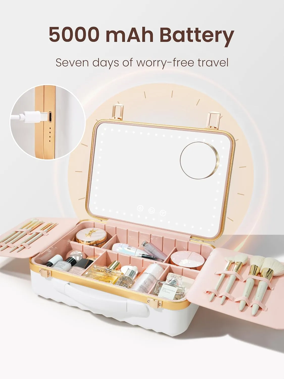 ROWNYEON Portable Travel Makeup Case With Light Up Mirror & Removable Divider - Train Case Organizer for Girls & Makeup Artist, Hairstylist - 10x Mirror (White)