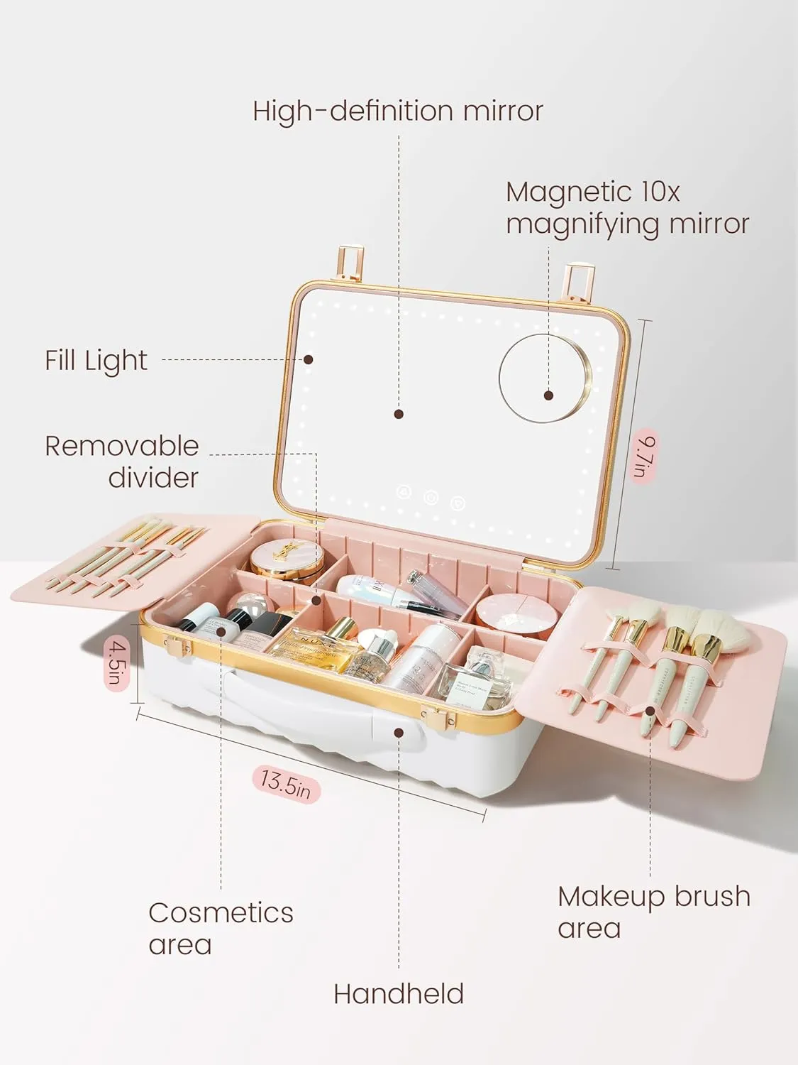 ROWNYEON Portable Travel Makeup Case With Light Up Mirror & Removable Divider - Train Case Organizer for Girls & Makeup Artist, Hairstylist - 10x Mirror (White)