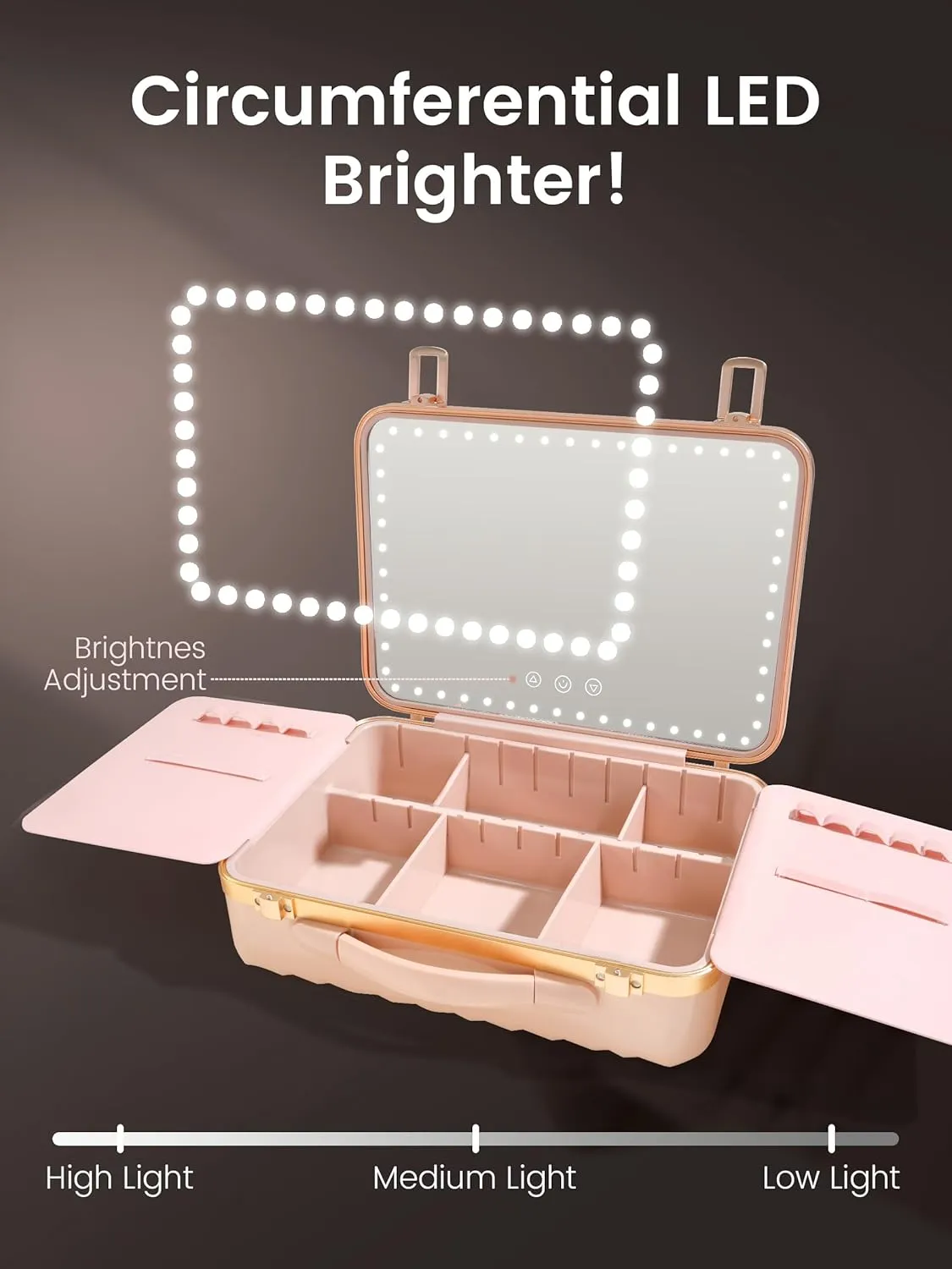ROWNYEON Travel Makeup Case with Light-Up Mirror & Removable Divider - Portable Train Case Organizer for Girls, Makeup Artist & Hairstylist - 10x Mirror (Pink)