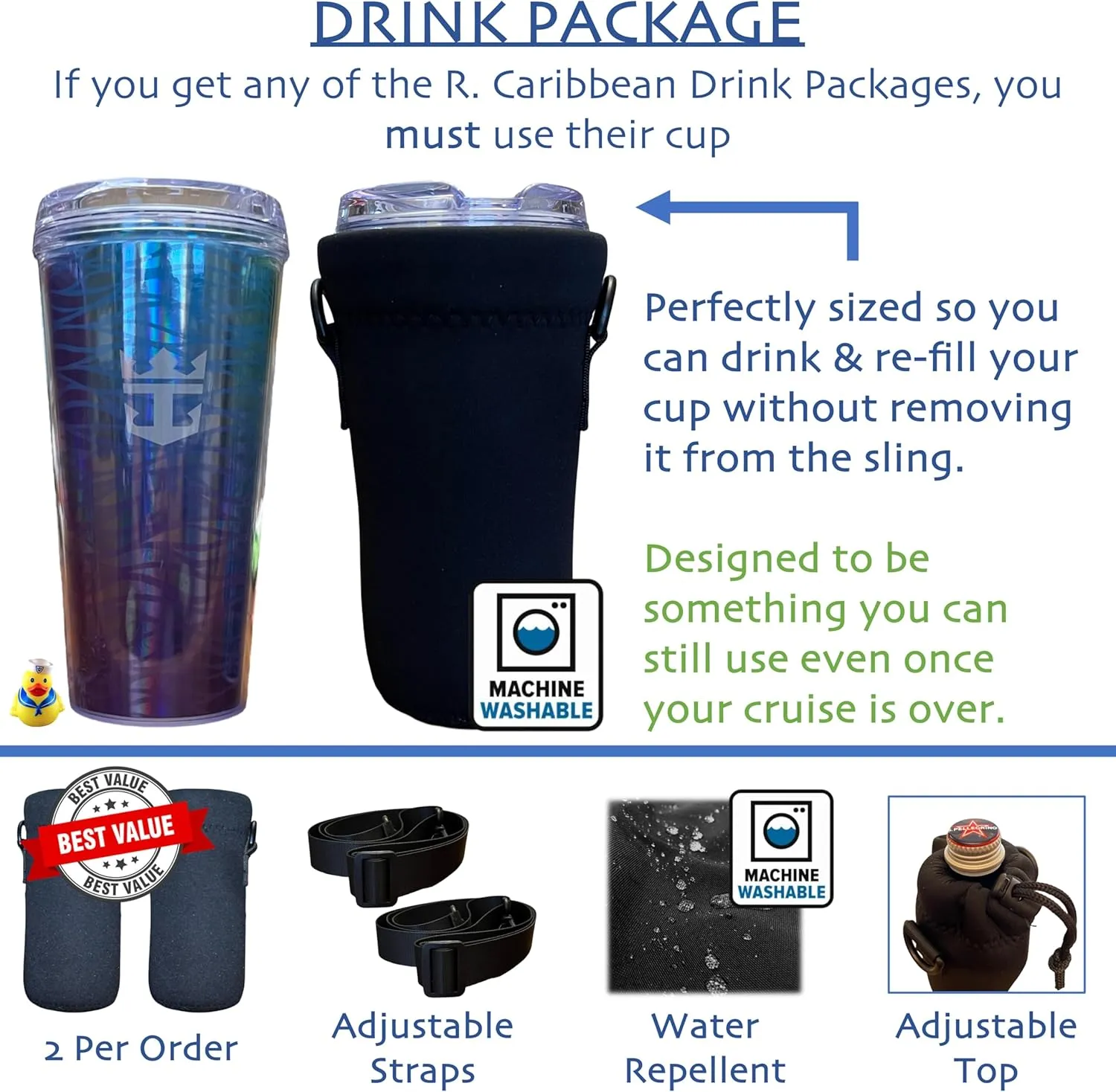 Royal Caribbean Cruise Essentials 2024 - 2-Pack Cup Sling (Black)