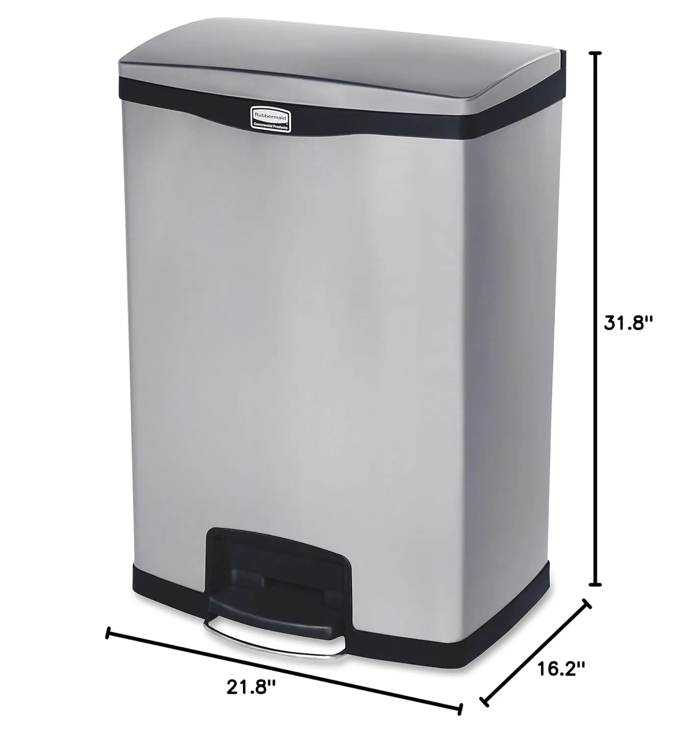 Rubbermaid Commercial Products Slim Jim Front Step-On Trash Can, Stainless Steel, 24 Gallon, Black, Indoor/Outdoor Waste Container for Office/Hospital/Mall/Kitchen