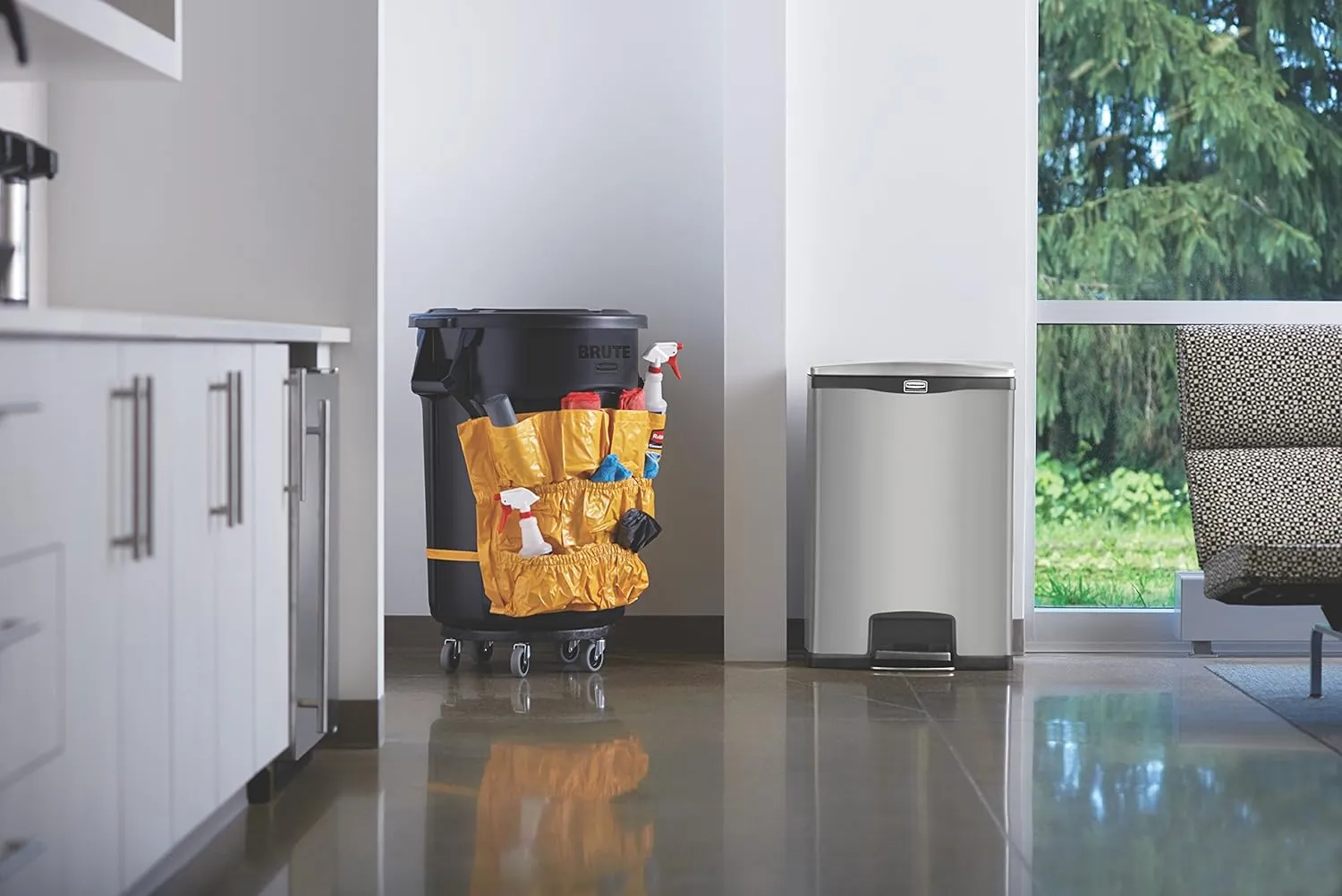 Rubbermaid Commercial Products Slim Jim Front Step-On Trash Can, Stainless Steel, 24 Gallon, Black, Indoor/Outdoor Waste Container for Office/Hospital/Mall/Kitchen