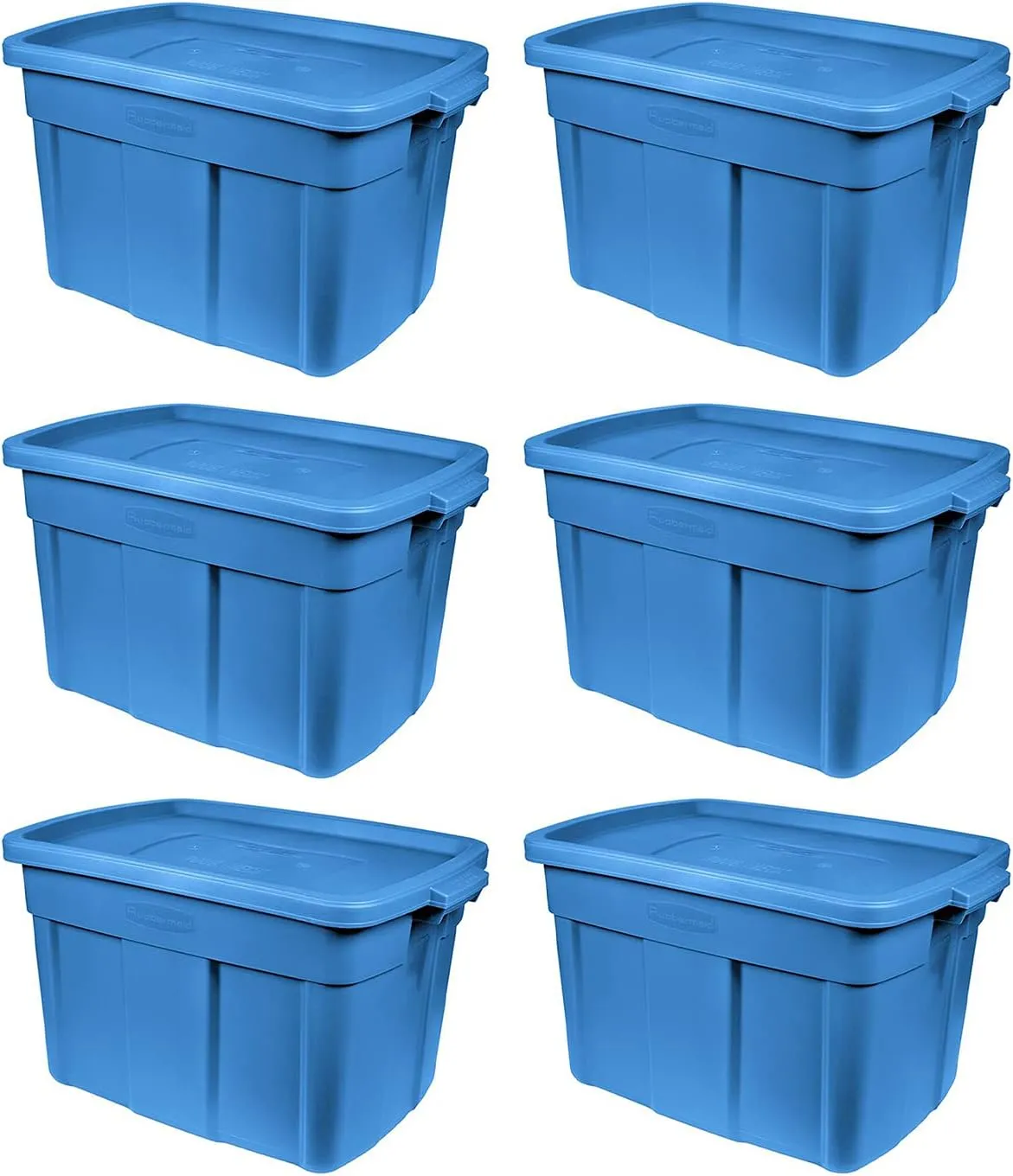 Rubbermaid Roughneck Tote 18 Gal, 6 Pack, Made in USA, Herirage Blue, Rugged Plastic Stackable Storage Bins with Lids and Handles