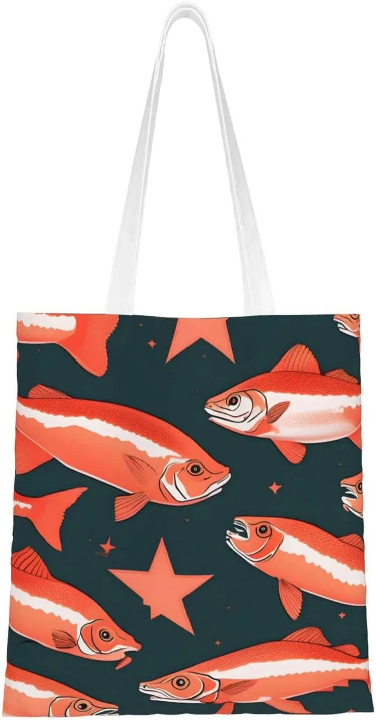 Salmon Print Canvas Tote Bag Reusable Shoulder Shopping Bags For Daily Use Shopping Travel
