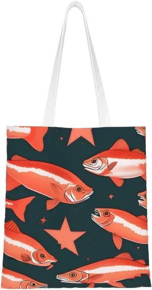 Salmon Print Canvas Tote Bag Reusable Shoulder Shopping Bags For Daily Use Shopping Travel