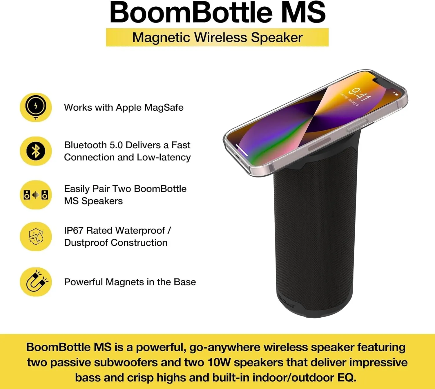 Scosche BTMSMSC1 BoomBottle MS MagSafe Magnetic Bluetooth Speaker - Portable Wireless Magnetic Speakers for Devices, Bikes, Golf Carts, and More - Waterproof speaker with Integrated MagicMount - Black