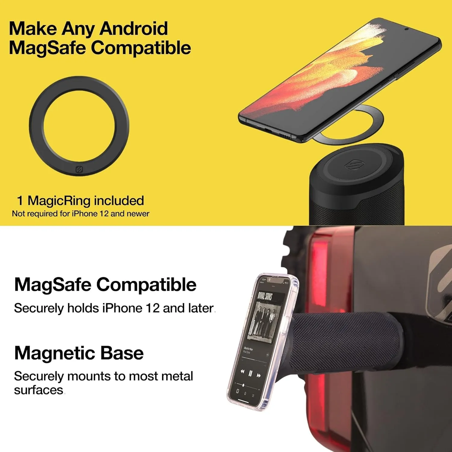 Scosche BTMSMSC1 BoomBottle MS MagSafe Magnetic Bluetooth Speaker - Portable Wireless Magnetic Speakers for Devices, Bikes, Golf Carts, and More - Waterproof speaker with Integrated MagicMount - Black
