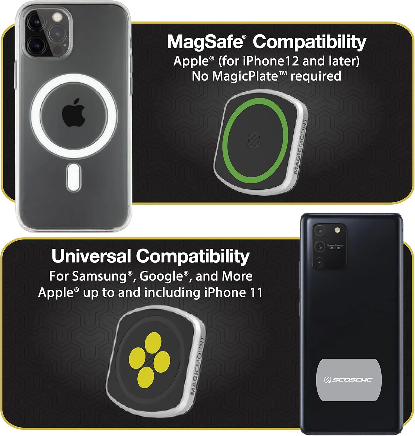 Scosche MP2DVM MagicMount Pro2 Magnetic Cell Phone Holder, Adhesive Car Dashboard Mount with Removable Vent Clip, Hands-Free Phone Stand Compatible with MagSafe, iPhone 16/15/14/13/12 Series and More