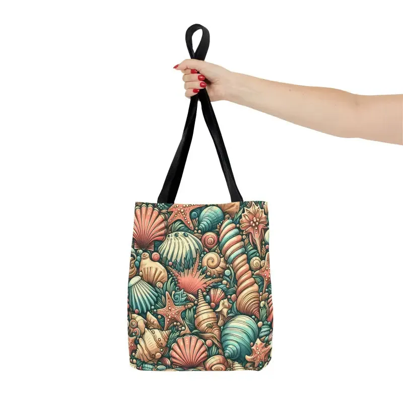 Seashells Tote Bag with Chic Black Cotton Handles