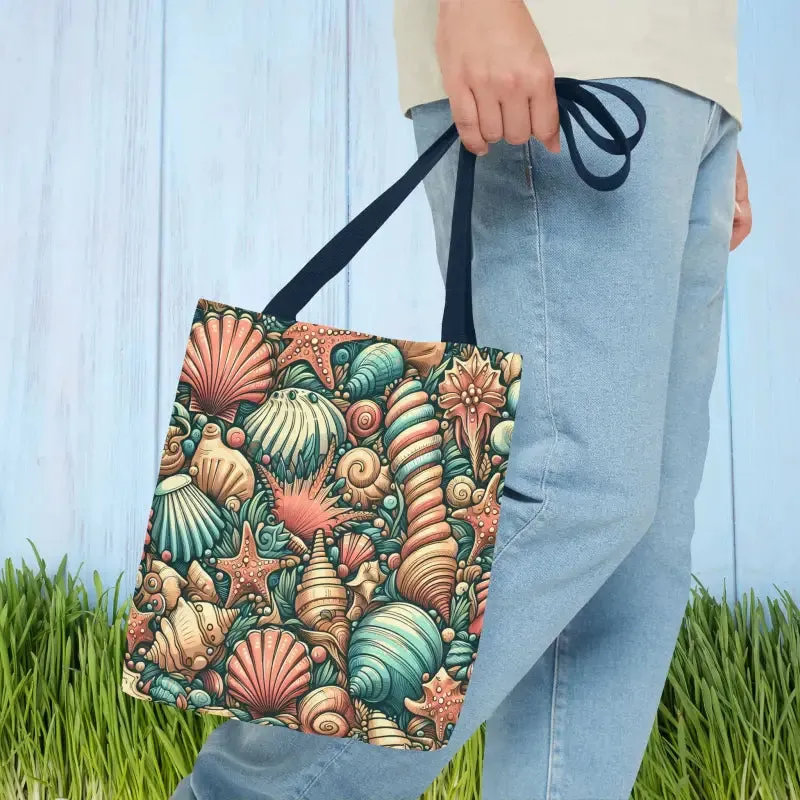 Seashells Tote Bag with Chic Black Cotton Handles