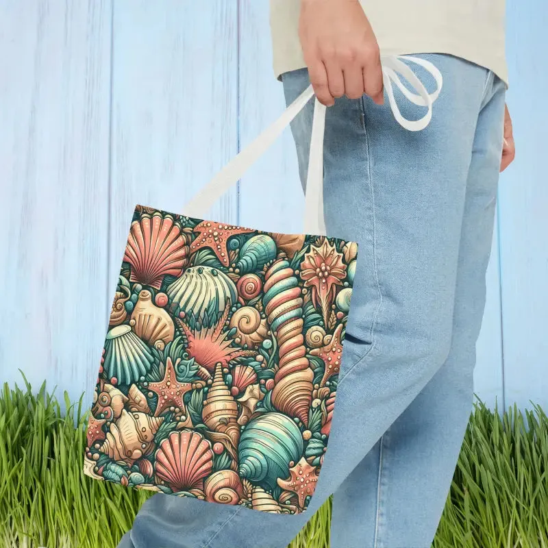 Seashells Tote Bag with Chic Black Cotton Handles