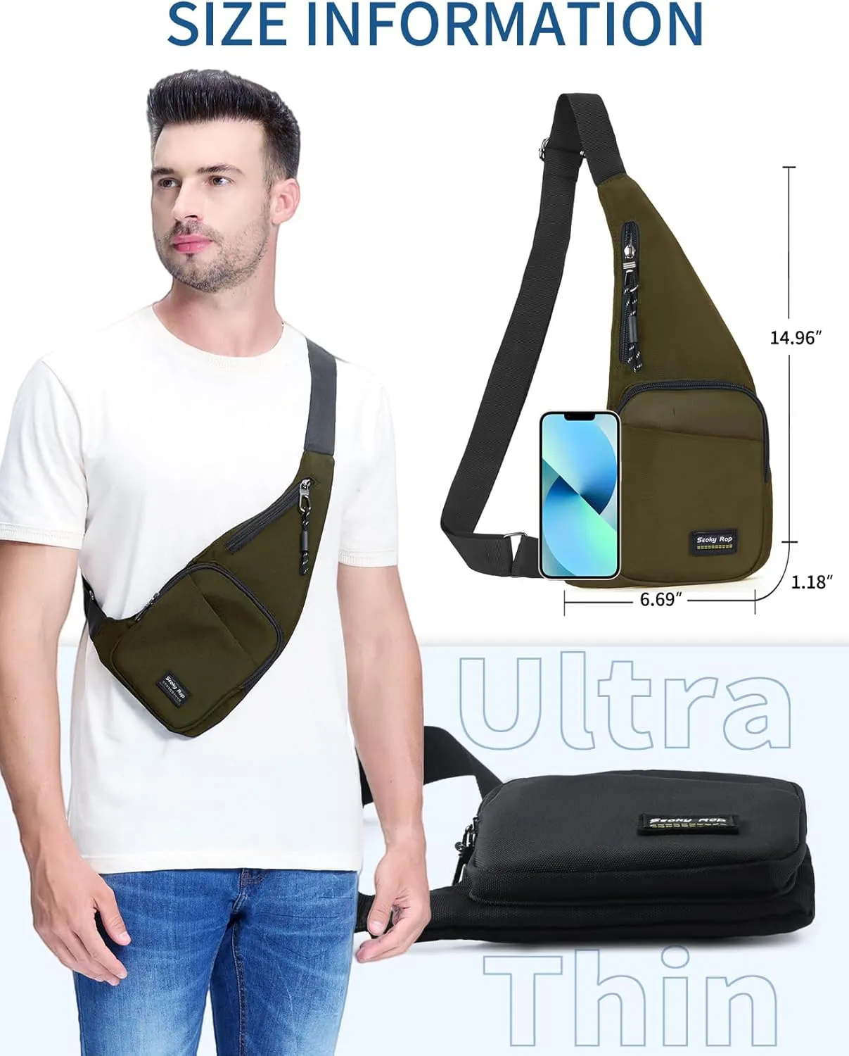 Seoky Rop Sling Bag for Men Women Slim Personal Purse Pocket Small Anti-Thief Crossbody Chest Bag for Travel Hiking Army Green