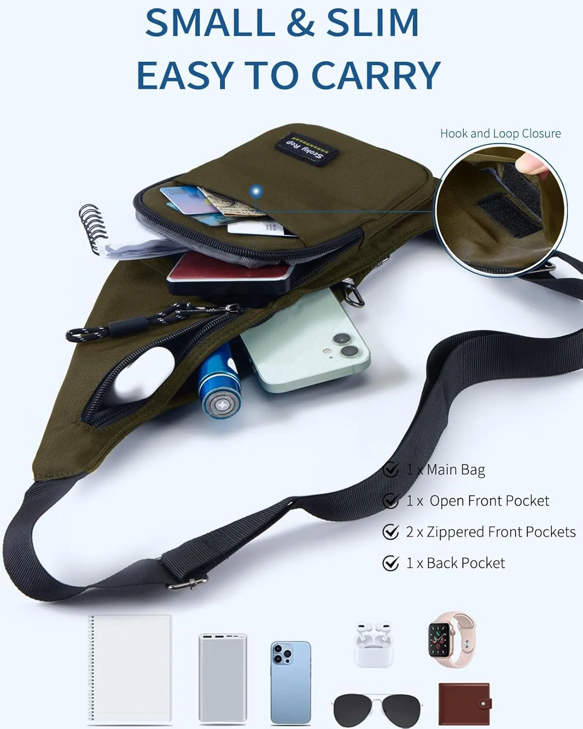 Seoky Rop Sling Bag for Men Women Slim Personal Purse Pocket Small Anti-Thief Crossbody Chest Bag for Travel Hiking Army Green