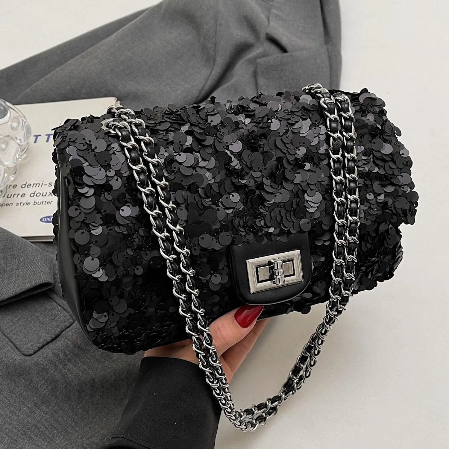 Sequin Crossbody Bags for Women Small Handbags Shinny Shoulder Bag Purse Evening Bag Satchels with Chain Strap