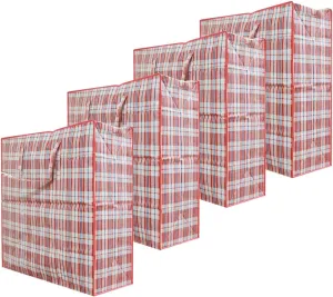 Set of 4 Extra-Large Plastic Checkered Storage Laundry Shopping Bags W. Zipper & Handles Size 23"x23"x7.75" Assorted Colors