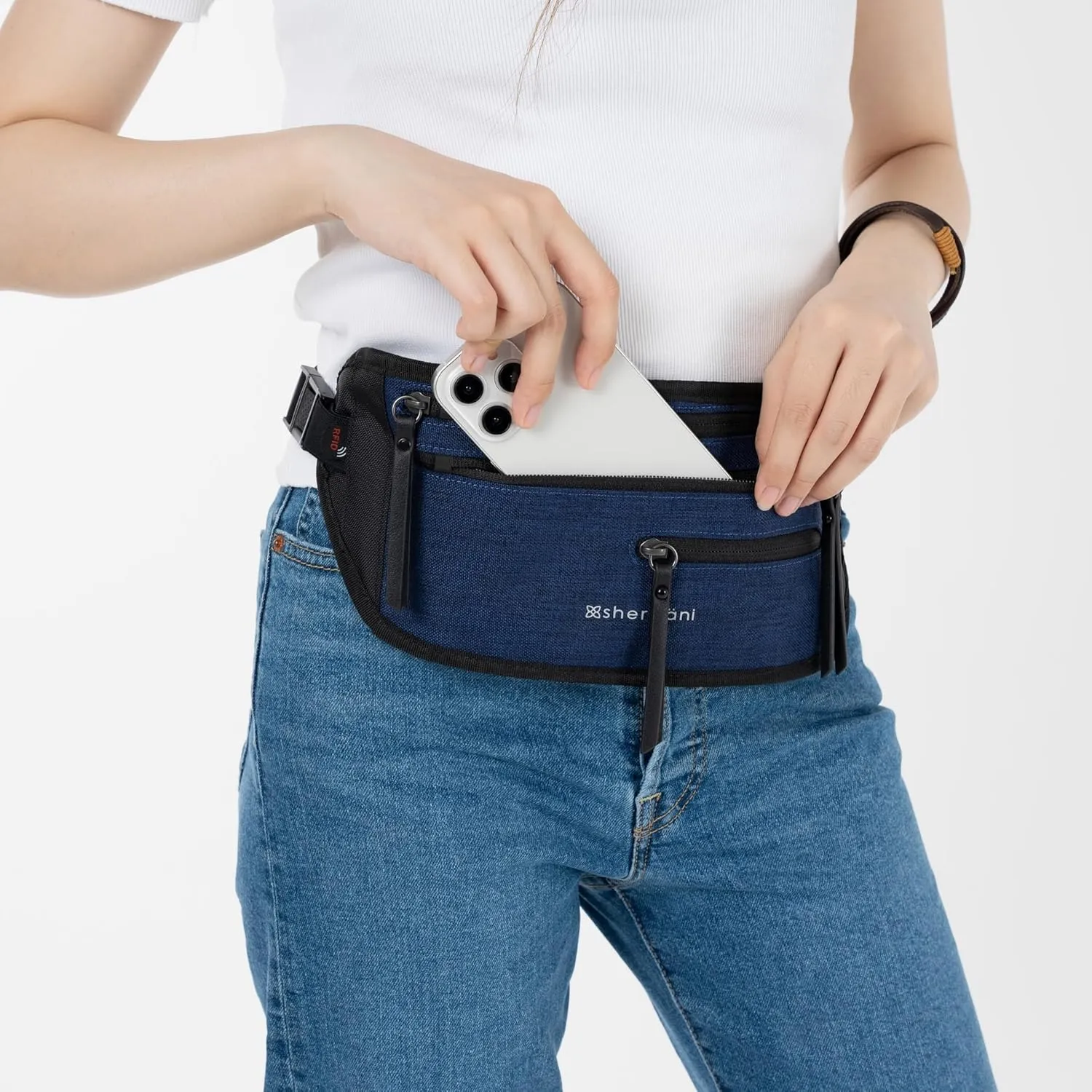 Sherpani Jett, Anti Theft Waist Pouch, Slim Money Belt Bag for Travel, Blocking Hidden Wallet Belt Bag, Secure Travel Pouch for Women, RFID Protection, Travel Gift for Mothers Day 2025 (Indigo)