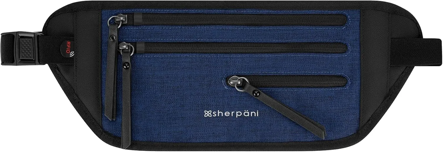 Sherpani Jett, Anti Theft Waist Pouch, Slim Money Belt Bag for Travel, Blocking Hidden Wallet Belt Bag, Secure Travel Pouch for Women, RFID Protection, Travel Gift for Mothers Day 2025 (Indigo)
