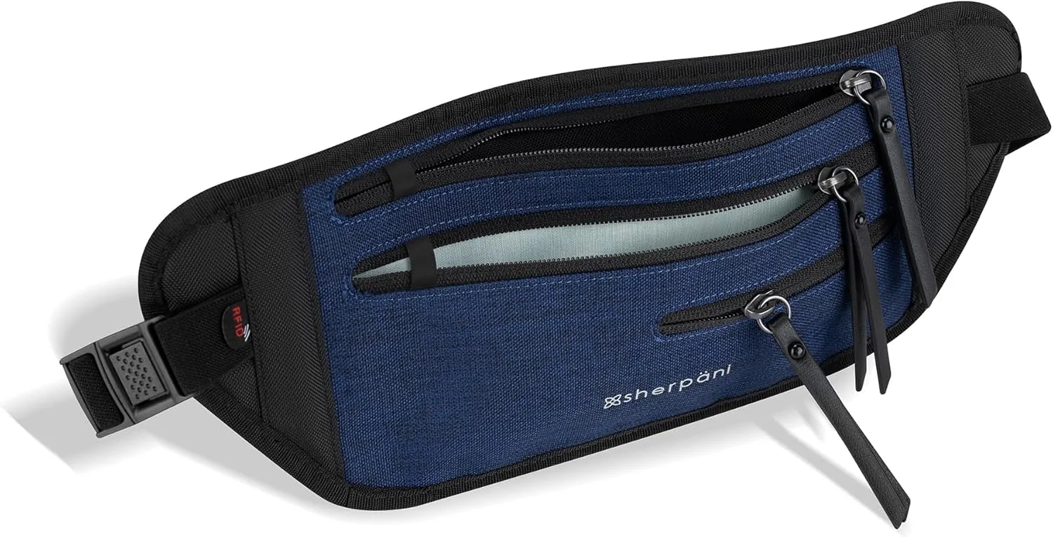 Sherpani Jett, Anti Theft Waist Pouch, Slim Money Belt Bag for Travel, Blocking Hidden Wallet Belt Bag, Secure Travel Pouch for Women, RFID Protection, Travel Gift for Mothers Day 2025 (Indigo)