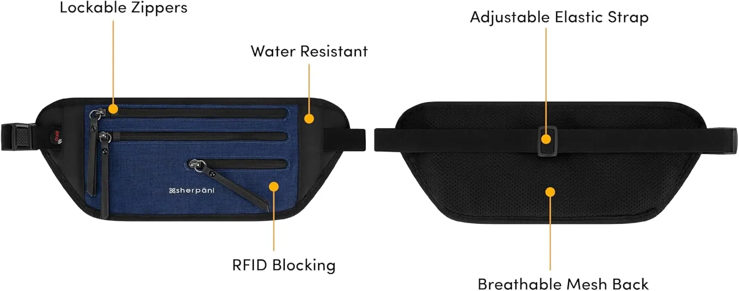 Sherpani Jett, Anti Theft Waist Pouch, Slim Money Belt Bag for Travel, Blocking Hidden Wallet Belt Bag, Secure Travel Pouch for Women, RFID Protection, Travel Gift for Mothers Day 2025 (Indigo)