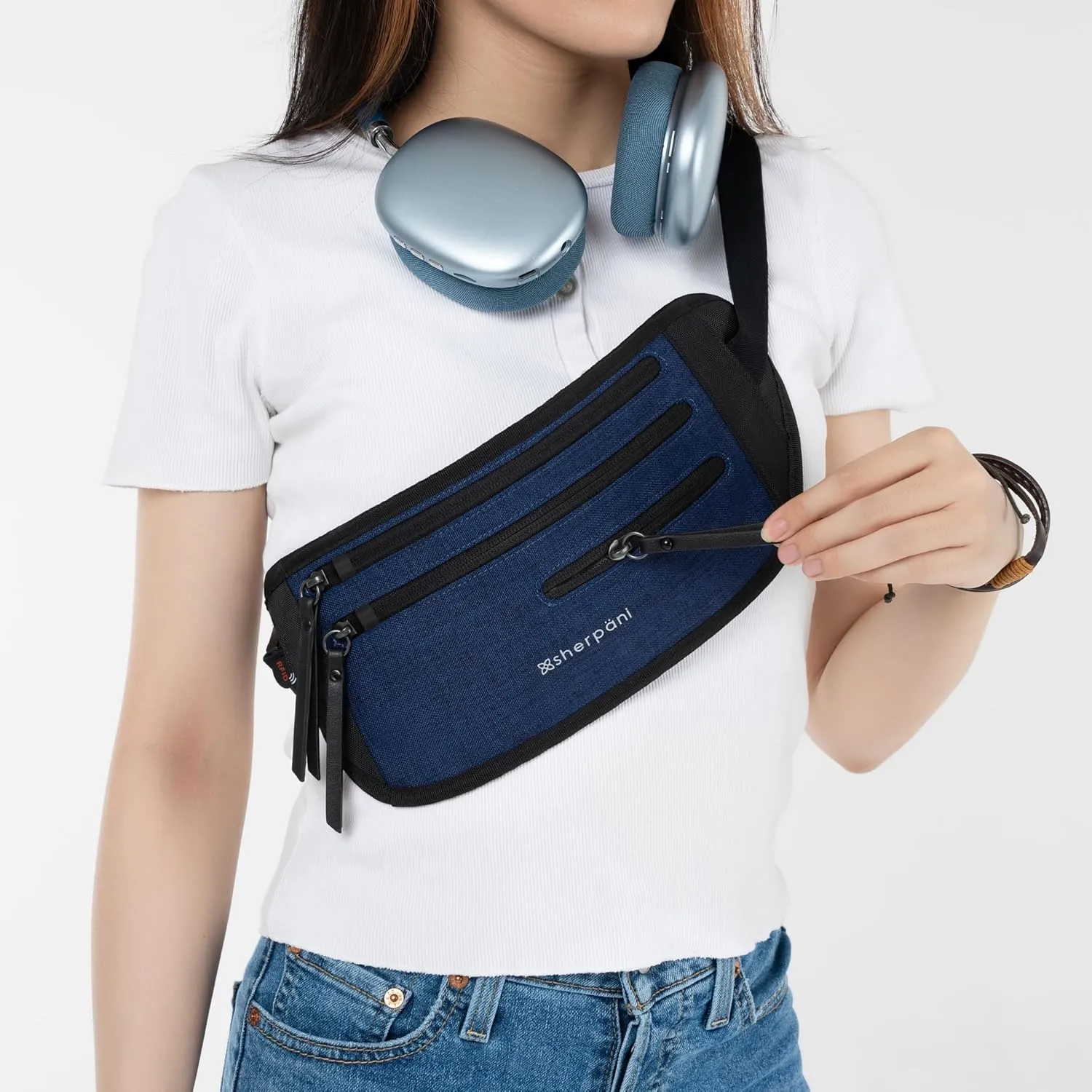 Sherpani Jett, Anti Theft Waist Pouch, Slim Money Belt Bag for Travel, Blocking Hidden Wallet Belt Bag, Secure Travel Pouch for Women, RFID Protection, Travel Gift for Mothers Day 2025 (Indigo)