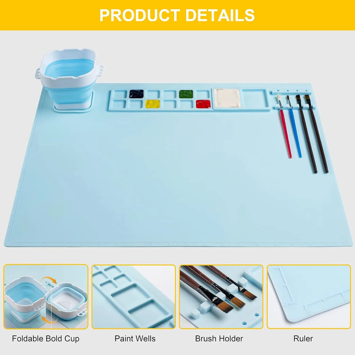 Silicone Art Mat with Cup, Painting Mat for Crafts Resin Casting, Artist Mat with Pen Holders for Kids Gift, Clay, DIY Creations and Play Doh, Christmas Gifts Box (Blue)